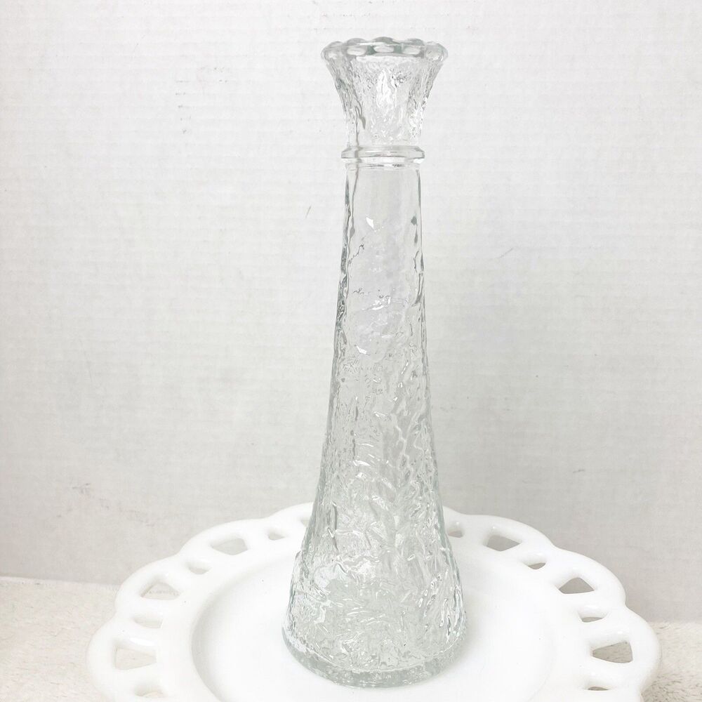 Vintage Libbey of Canada Glass Bud Vase 9" Embossed Leaf Pattern Has Stains